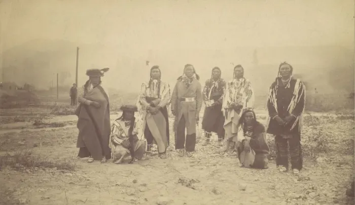 Framed Print : Group of Native American Men, Telegraph Poles in Background, 1880s-90s. Creator: Unknown Framed Print : Group of Native American Men, Telegraph Poles in Background, 1880s-90s. Creator: Unknown