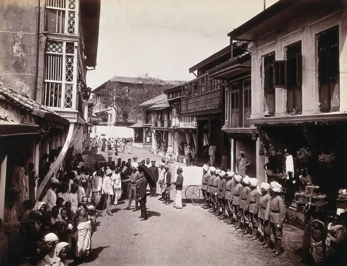 Framed Print : A group of officials making a visit to a house in Bombay, suspected of holding people with... 1896. Creator: Unknown