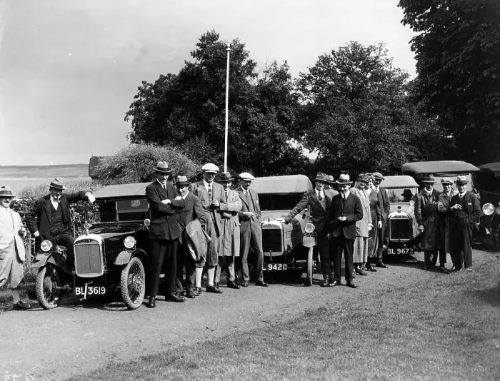 Framed Print : Group of people and cars on a country road, (c1930s?) Framed Print : Group of people and cars on a country road, (c1930s?)