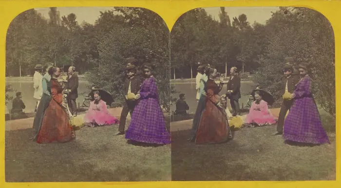 Framed Print : Group of people at a park with a lake, about 1870. Creator: Unknown Framed Print : Group of people at a park with a lake, about 1870. Creator: Unknown