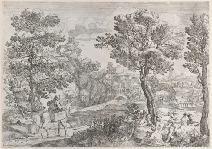 Framed Print : A group of people playing cards at right and a man on horseback at left, 1626-80