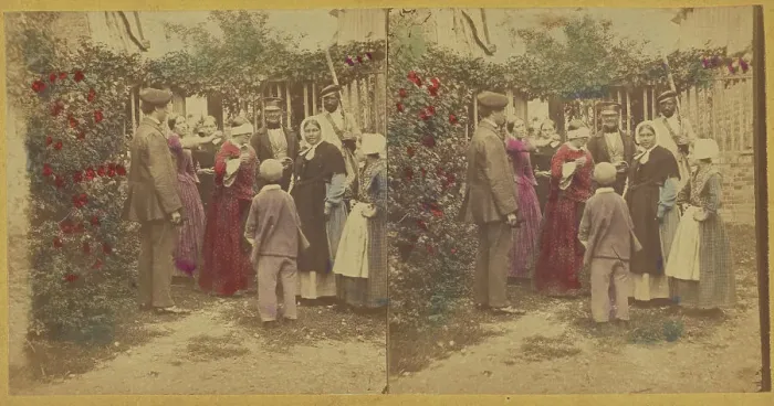 Framed Print : Group of people playing a game in the garden, one woman is blindfolded, about 1865. Creator: Unknown Framed Print : Group of people playing a game in the garden, one woman is blindfolded, about 1865. Creator: Unknown