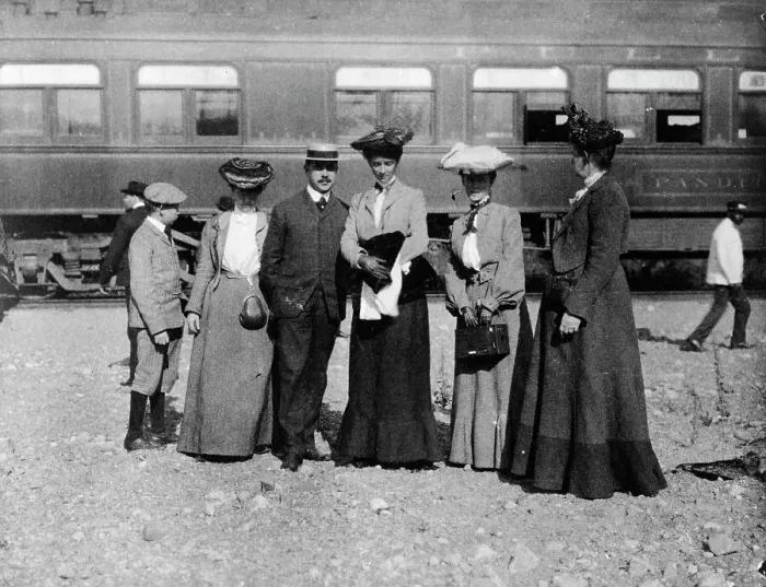 Framed Print : Group of people posed with railroad car behind them, Denver, Colorado, (1903?). Creator: Frances Benjamin Johnston Framed Print : Group of people posed with railroad car behind them, Denver, Colorado, (1903?). Creator: Frances Benjamin Johnston