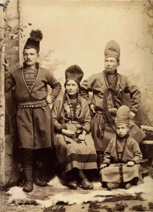 Framed Print : Group picture with four people wearing Sami folk costumes, 1912. Creator: Helene Edlund Framed Print : Group picture with four people wearing Sami folk costumes, 1912. Creator: Helene Edlund