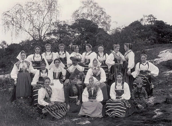 Group picture of the staff at Skansen, hills and a man in the middle, 1896. Creator: Frans Gustaf Klemming