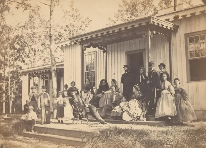 Framed Print : Group on Porch, 1860s. Creator: Egbert Guy Fowx Framed Print : Group on Porch, 1860s. Creator: Egbert Guy Fowx