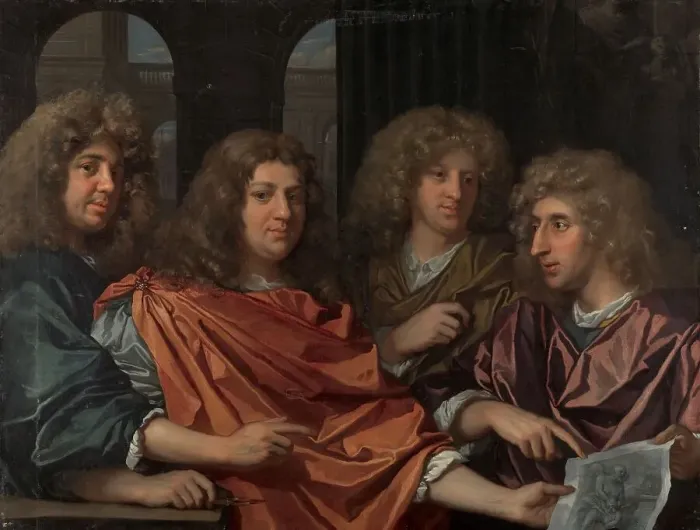Framed Print : Group portrait of four artists, c.1680. Creator: Monogrammist G. F Framed Print : Group portrait of four artists, c.1680. Creator: Monogrammist G. F