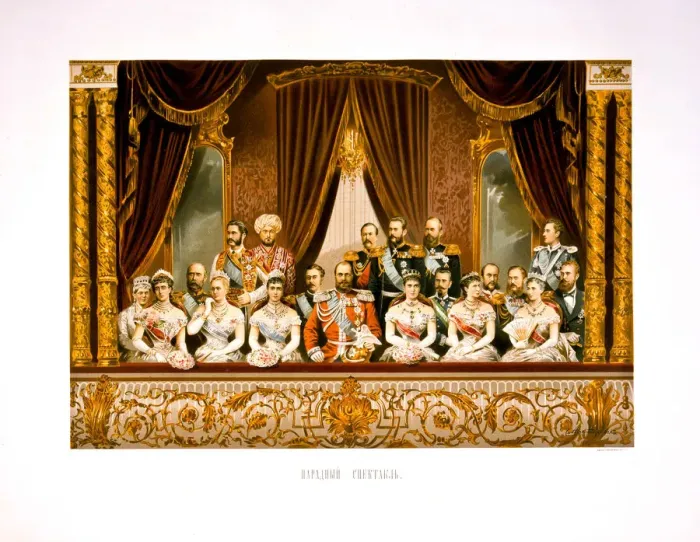 Framed Print : The group portrait at the Bolshoi Theater. Coronation of Empreror Alexander III and Empress Maria Fy Artist: Alexandrovsky, Stepan Fyodorovich (1843-1906) Framed Print : The group portrait at the Bolshoi Theater. Coronation of Empreror Alexander III and Empress Maria Fy Artist: Alexandrovsky, Stepan Fyodorovich (1843-1906)