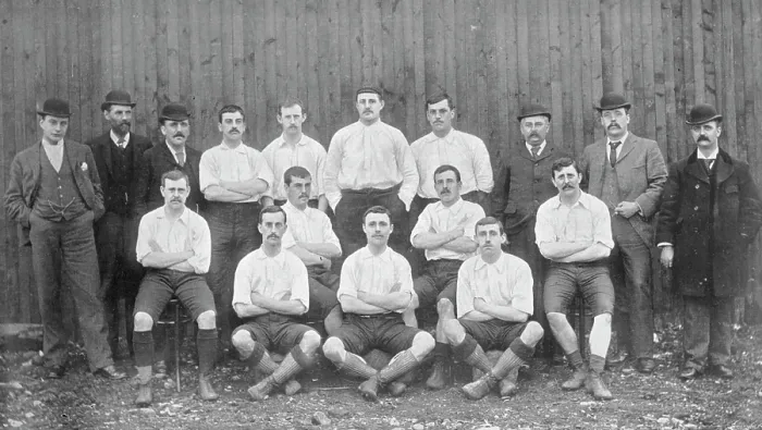 Framed Print : Group portrait of the Bolton Wanderers football team, 1896. Creator: Symmons & Thiele Framed Print : Group portrait of the Bolton Wanderers football team, 1896. Creator: Symmons & Thiele