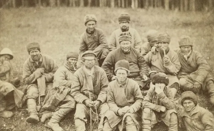 Framed Print : Group portrait of convicts seated in a field, between 1880 and 1886. Creator: Unknown Framed Print : Group portrait of convicts seated in a field, between 1880 and 1886. Creator: Unknown