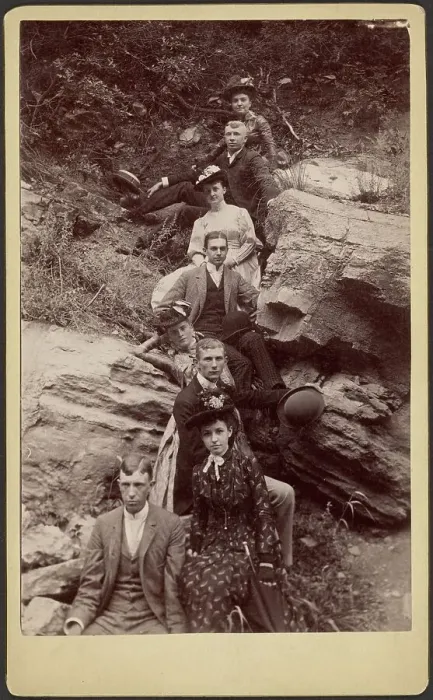 Framed Print : Group portrait on hillside, about 1880-1895. Creator: Unknown Framed Print : Group portrait on hillside, about 1880-1895. Creator: Unknown