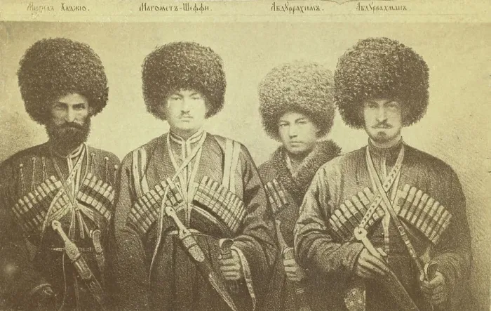 Framed Print : Group portrait of four men from Transcaucasus region, between 1870 and 1886. Creator: Unknown Framed Print : Group portrait of four men from Transcaucasus region, between 1870 and 1886. Creator: Unknown
