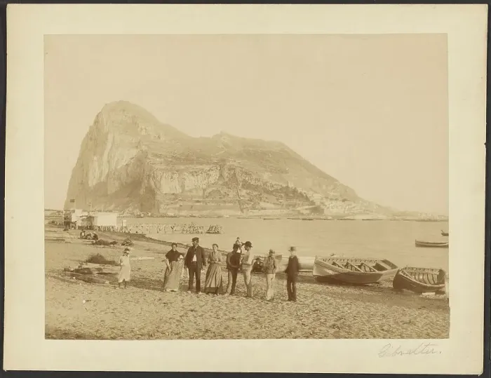 Framed Print : Group portrait in front of Rock of Gibraltar, about 1880-1895. Creator: Unknown Framed Print : Group portrait in front of Rock of Gibraltar, about 1880-1895. Creator: Unknown