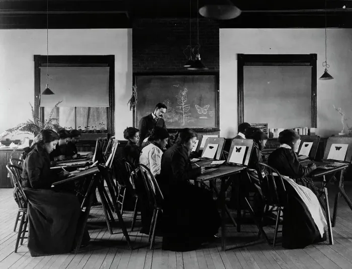 Framed Print : Group portrait of teacher and students at Hampton Institute painting watercolor... 1899 or 1900. Creator: Frances Benjamin Johnston Framed Print : Group portrait of teacher and students at Hampton Institute painting watercolor... 1899 or 1900. Creator: Frances Benjamin Johnston