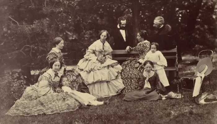 Framed Print : [Group Portrait of Four Women, Two Men and Three Children in a Garden], 1850s-60s