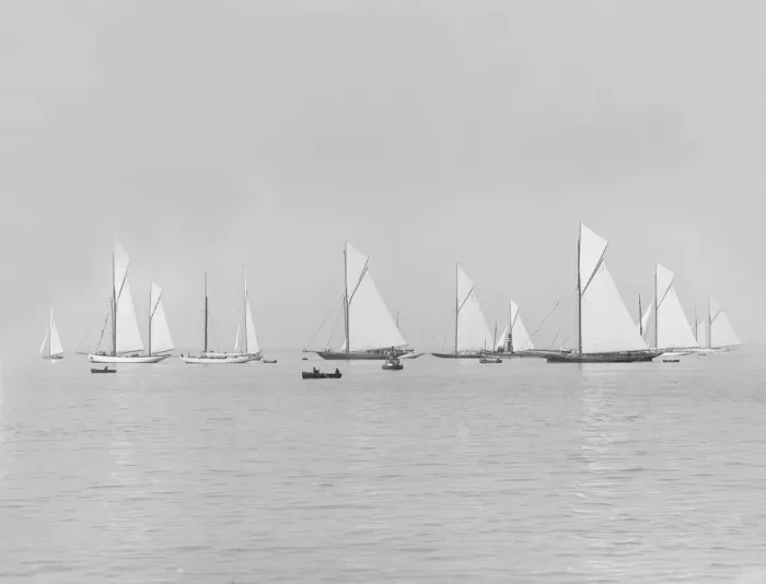 Framed Print : Group of racing yachts before the start of the Cowes to Weymouth Race, 1913. Creator Framed Print : Group of racing yachts before the start of the Cowes to Weymouth Race, 1913. Creator