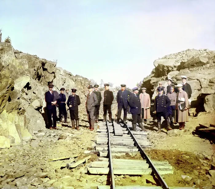 Framed Print : Group of railroad construction participants near the town of Kem, 1915. Creator: Sergey Mikhaylovich Prokudin-Gorsky Framed Print : Group of railroad construction participants near the town of Kem, 1915. Creator: Sergey Mikhaylovich Prokudin-Gorsky