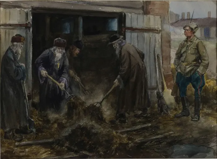 Framed Print : A group of Russian priests forced to clear the barrack stables, 1918 Framed Print : A group of Russian priests forced to clear the barrack stables, 1918
