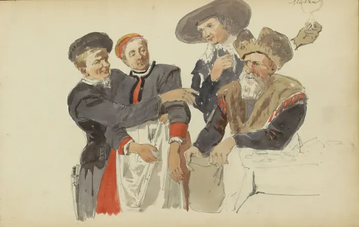 Framed Print : Group in seventeenth-century clothing, c. 1846-c. 1882. Creator: Cornelis Springer Framed Print : Group in seventeenth-century clothing, c. 1846-c. 1882. Creator: Cornelis Springer