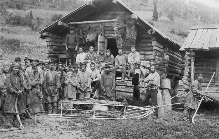 Framed Print : Group of Shoria Men; a Hunter, in Front, Equipped for a Winter Hunt by the Members... 1913. Creator: GI Ivanov