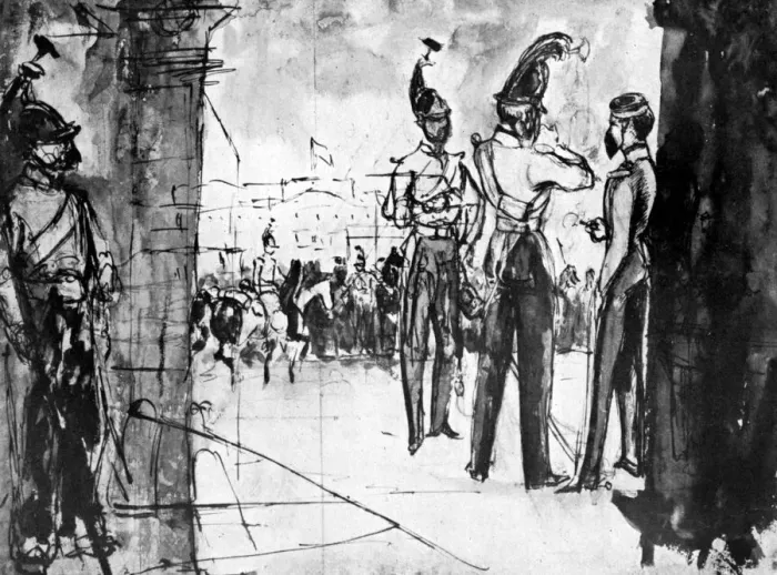 Framed Print : Group of Soldiers, (1930). Artist: Constantin Guys Framed Print : Group of Soldiers, (1930). Artist: Constantin Guys