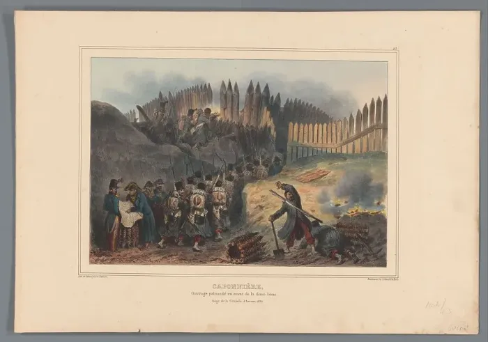 Framed Print : Group of soldiers file through an opening in the palisade, 1832, (1833). Creator: Auguste Raffet Framed Print : Group of soldiers file through an opening in the palisade, 1832, (1833). Creator: Auguste Raffet