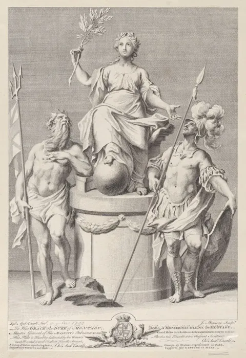 Framed Print : Group of statues representing Peace, supported by Neptune and Mars, ca. 1741-1786. Creator: Jacob Bonneau Framed Print : Group of statues representing Peace, supported by Neptune and Mars, ca. 1741-1786. Creator: Jacob Bonneau
