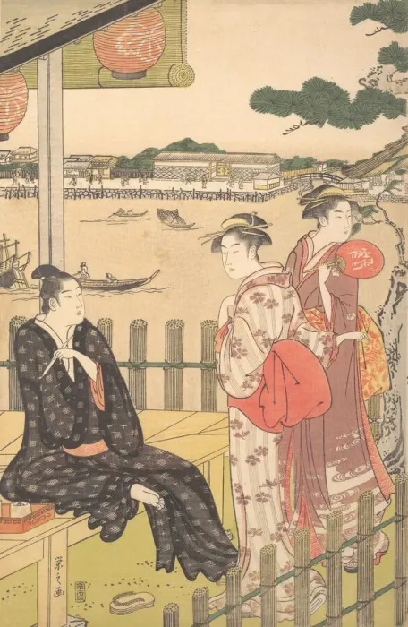 Framed Print : Group at a Tea-house on the Bank of the Sumida River, ca. 1790. Creator: Hosoda Eishi Framed Print : Group at a Tea-house on the Bank of the Sumida River, ca. 1790. Creator: Hosoda Eishi