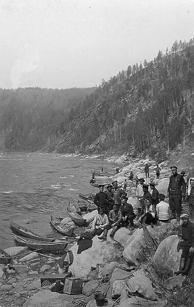 A Group of Topographers After Unloading Boats for Detouring the Mrassu River Rapid, 1913. Creator: GI Ivanov