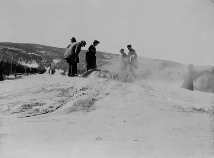 Framed Print : A group of tourists explore a geyser in the Upper Geyser Basin in Yellowstone National Park, 1903. Creator: Frances Benjamin Johnston Framed Print : A group of tourists explore a geyser in the Upper Geyser Basin in Yellowstone National Park, 1903. Creator: Frances Benjamin Johnston