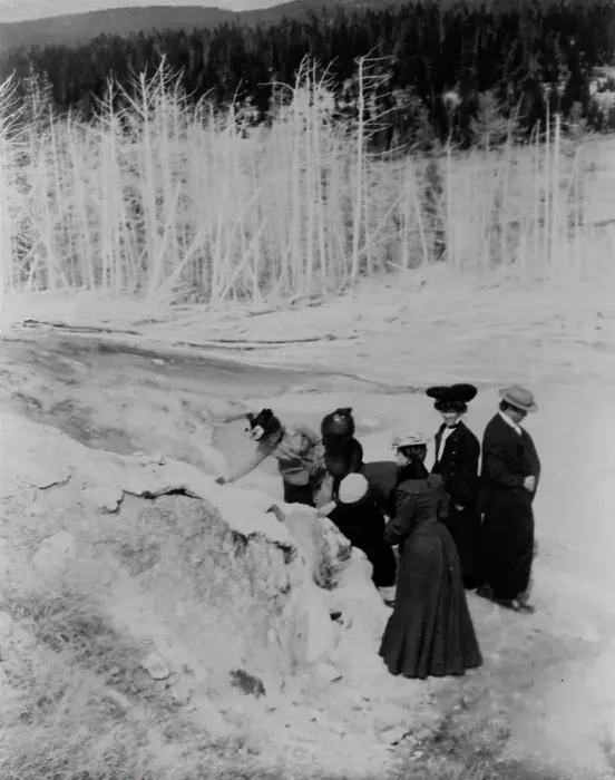 Framed Print : A group of tourists explore land formations in Yellowstone National Park, 1903. Creator: Frances Benjamin Johnston Framed Print : A group of tourists explore land formations in Yellowstone National Park, 1903. Creator: Frances Benjamin Johnston