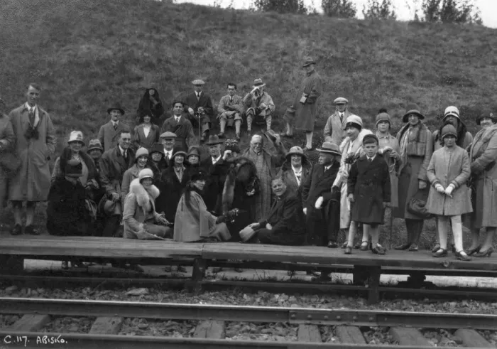 Framed Print : Group of tourists on a railway platform, Abisko, northern Sweden, 1929 Framed Print : Group of tourists on a railway platform, Abisko, northern Sweden, 1929