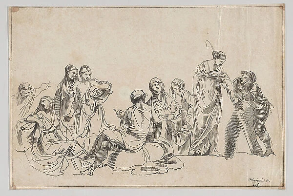 A group of nine women, one at center holds a baby and one at right holds a shepherdes... 1750-1850. Creator: Anon