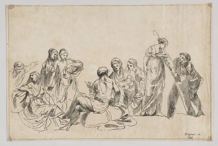 Framed Print : A group of nine women, one at center holds a baby and one at right holds a shepherdes... 1750-1850. Creator: Anon Framed Print : A group of nine women, one at center holds a baby and one at right holds a shepherdes... 1750-1850. Creator: Anon