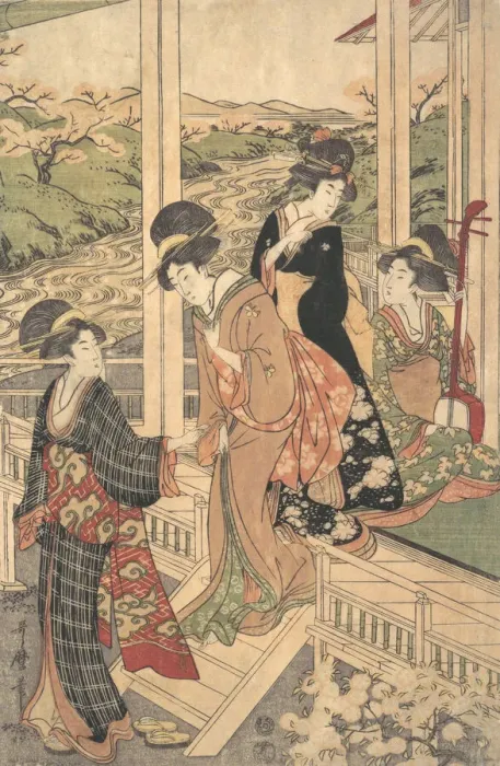 Framed Print : Group of Women on the Engawa of a Country House, in the time of the Cherry Blossoming Framed Print : Group of Women on the Engawa of a Country House, in the time of the Cherry Blossoming