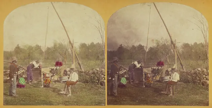 Framed Print : Group of woodsmen near a well, about 1870-1880. Creator: Unknown Framed Print : Group of woodsmen near a well, about 1870-1880. Creator: Unknown