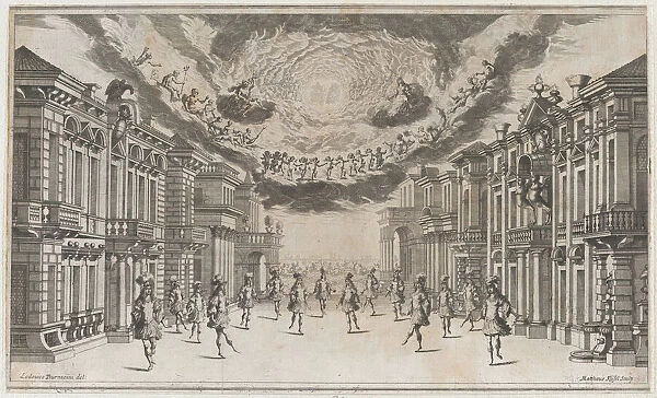 A group of young men dancing as the gods look on from above; set design from Il Pomo D'Or... 1668. Creator: Mathaus Küsel