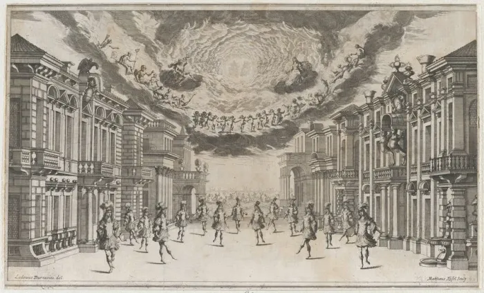 Framed Print : A group of young men dancing as the gods look on from above; set design from Il Pomo D'Or... 1668. Creator: Mathaus Küsel Framed Print : A group of young men dancing as the gods look on from above; set design from Il Pomo D'Or... 1668. Creator: Mathaus Küsel