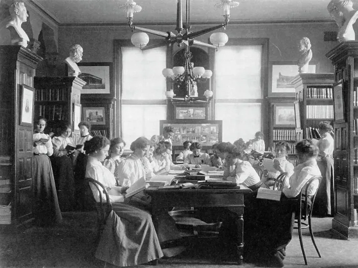 Framed Print : Group of young women reading in library of normal school, Washington, D.C. 1899. Creator: Frances Benjamin Johnston Framed Print : Group of young women reading in library of normal school, Washington, D.C. 1899. Creator: Frances Benjamin Johnston
