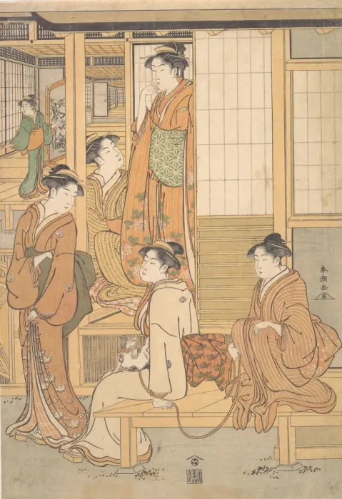 Framed Print : Group of Young Women on the Veranda of a Tea House, late 18th century Framed Print : Group of Young Women on the Veranda of a Tea House, late 18th century