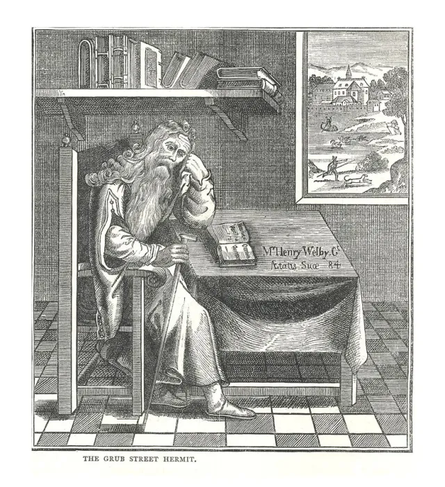 Framed Print : The Grub Street Hermit. From a picture published by Richardson, 1878. Artist: Walter Thornbury Framed Print : The Grub Street Hermit. From a picture published by Richardson, 1878. Artist: Walter Thornbury