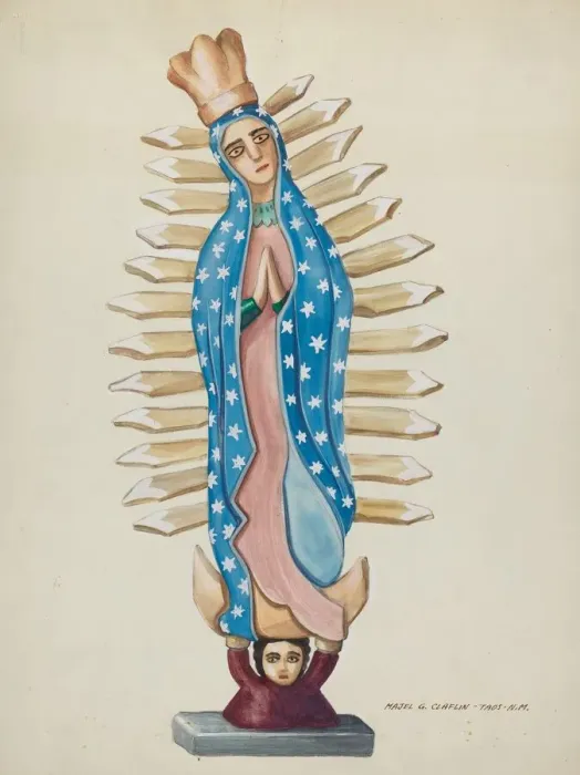 Framed Print : Guadalupe Wood Santo or Bulto, c. 1937. Creator: Majel G. Claflin Framed Print : Guadalupe Wood Santo or Bulto, c. 1937. Creator: Majel G. Claflin