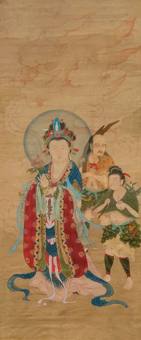 Framed Print : Guanyin with two accompanying figures. Creator: Chinese Master Framed Print : Guanyin with two accompanying figures. Creator: Chinese Master
