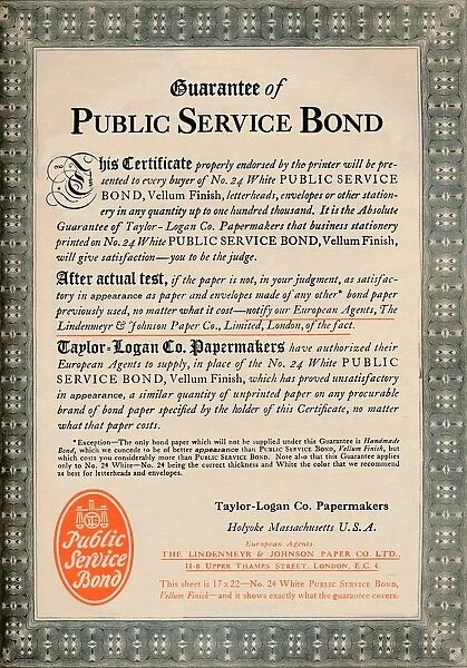 Guarantee of Public Service Bond - Taylor-Logan Co. Papermakers advert, 1919