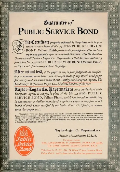 Framed Print : Guarantee of Public Service Bond - Taylor-Logan Co. Papermakers advert, 1919 Framed Print : Guarantee of Public Service Bond - Taylor-Logan Co. Papermakers advert, 1919