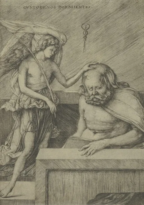 Framed Print : The Guardian Angel: an angel at left placing his hand on the head of a sleeping s... ca. 1500-1503. Creator: Jacopo de Barbari