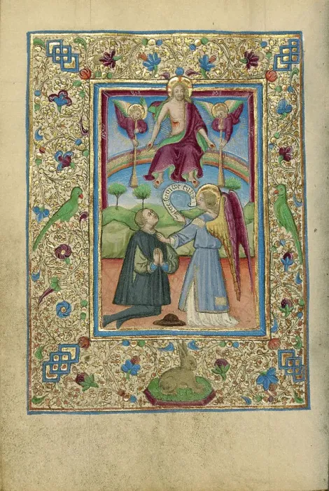 Framed Print : Guardian Angel with Kneeling Man; Book of Hours, about 1460. Creator: Unknown Framed Print : Guardian Angel with Kneeling Man; Book of Hours, about 1460. Creator: Unknown