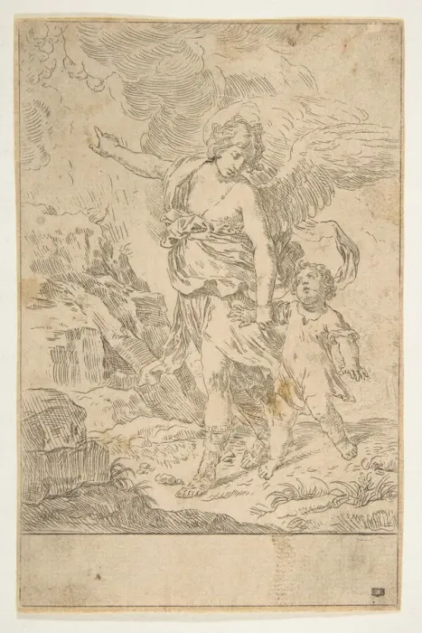 Framed Print : A guardian angel walking with a child, ca. 1640. Creator: Simone Cantarini Framed Print : A guardian angel walking with a child, ca. 1640. Creator: Simone Cantarini