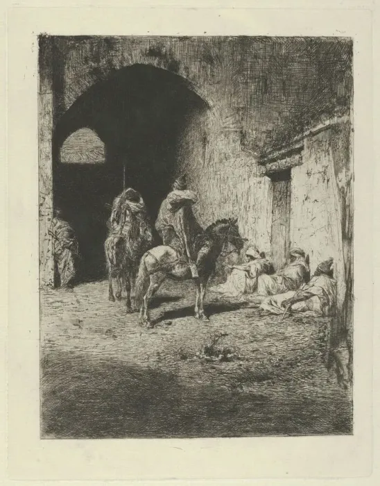 Framed Print : Guards on horseback at the entrance to the Kasbah in Tetuan, figures sitting on the gro, ca. 1873. Creator: Mariano Jose Maria Bernardo Fortuny y Carbo Framed Print : Guards on horseback at the entrance to the Kasbah in Tetuan, figures sitting on the gro, ca. 1873. Creator: Mariano Jose Maria Bernardo Fortuny y Carbo