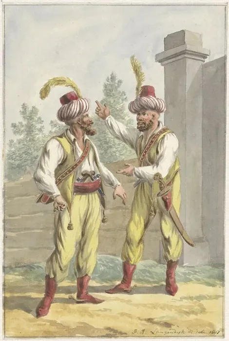 Framed Print : Two guards of King Louis Napoleon with turbans, 1807. Creator: Jan Antony Langendijk Framed Print : Two guards of King Louis Napoleon with turbans, 1807. Creator: Jan Antony Langendijk